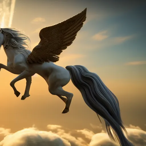 Image similar to pegasus over the clouds highly detailed, photorealistic portrait, bright studio setting, studio lighting, crisp quality and light reflections, unreal engine 5 quality render