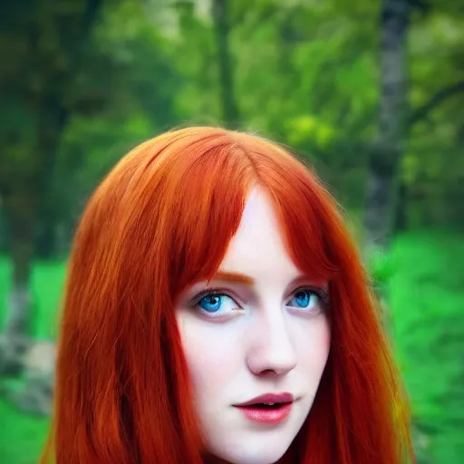 Prompt: full body detailed shot of a beautiful red haired woman with a beautiful face, green eyes high detail, intricate clothing, looking at the camera, dreamy background