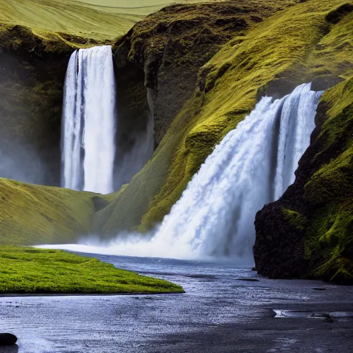 Prompt: a couple by icelandic waterfall Skógafoss, artstation, concept art, unreal engine, 8k, photorealistic