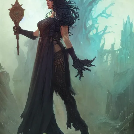 Image similar to a villainous, bewitching sorceress, auburn outfit, black hair, curvy crossfit build, fantasy character portrait by greg rutkowski, gaston bussiere, larry elmore