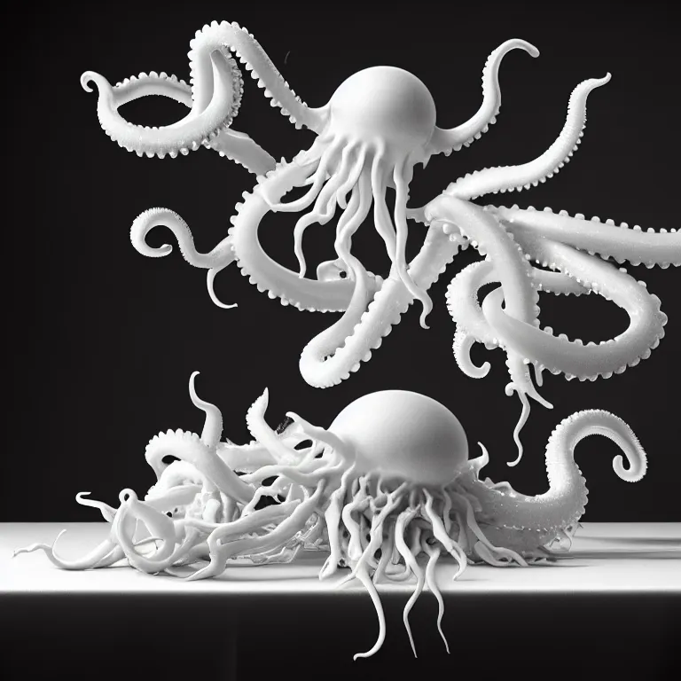 Prompt: still life of white flowers on a table, white alien squid, white octopus, , surreal alien ribbed white fruit, white human ribs human spine, baroque painting, beautiful detailed intricate insanely detailed octane render trending on Artstation, 8K artistic photography, photorealistic, chiaroscuro, Raphael, Caravaggio beautiful BW monochrome
