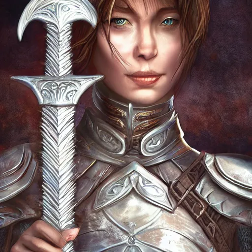 Image similar to high fantasy elf queen wearing loose armor, laying next to a large silver sword, realistic, digital art, stylized, 4k