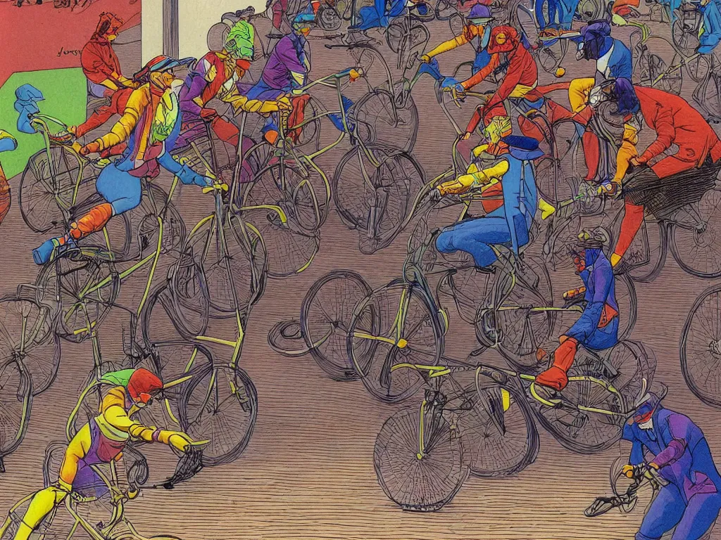 Image similar to masked riders on strange bicycles playing bike polo, in style of moebius, by jean giraud, highly detailed, colorful, epic,