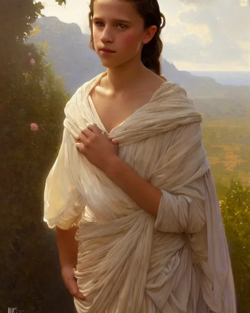 Image similar to a portrait painting of a shy, blushing 1 6 - year old alicia vikander or millie bobby brown, backlit, wearing a greek dress, elegant, highly detailed, artstation, concept art, by krenz cushart and donato giancola and william adolph bouguereau and alphonse mucha