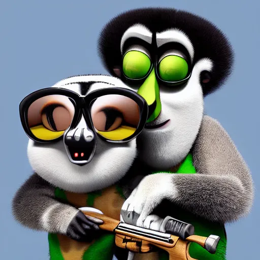 Prompt: “ king julien from madagascar with a rifle and dark sunglasses, 4 k ”