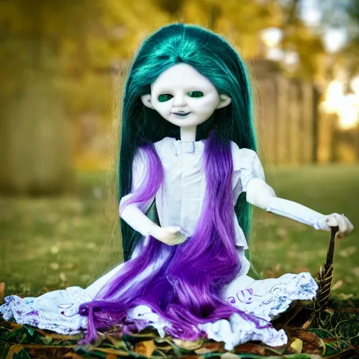 Prompt: blursed doll with long purple hair, green eyes, porcelain, photography, mattell, antique, 90s, haunted, sitting under a tree, gingerbread, Victorian, ball jointed, scythe, realistic, broken, gold filled cracks, mist