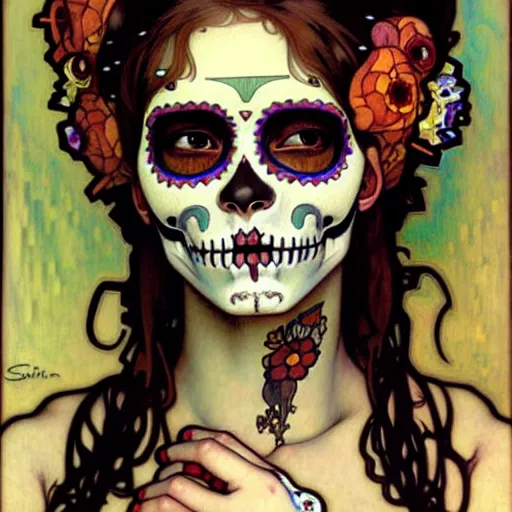 Image similar to realistic detailed painting of a cute punk Día de los Muertos girl by Alphonse Mucha Egon Schiele Ayami Kojima Amano Charlie Bowater, masterpiece