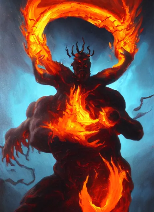Image similar to the god of fire and brimstone. painting by caelan stokkermans and denys tsiperko