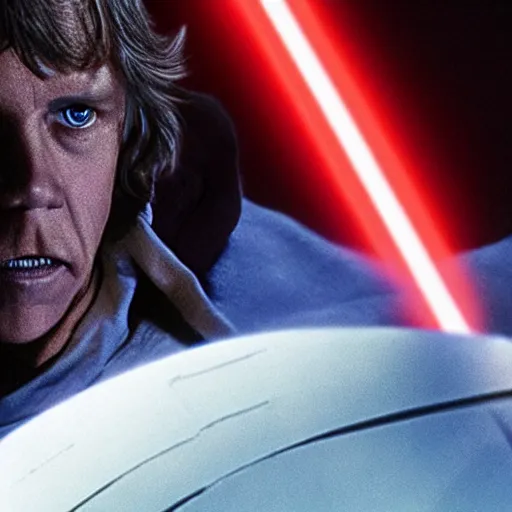 Prompt: A film still of Luke skywalker as a sith lord realistic,detailed