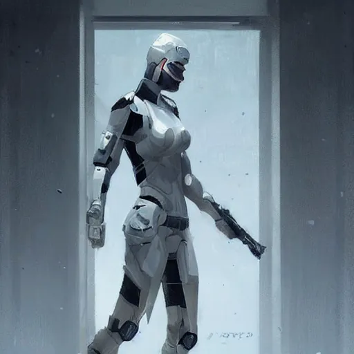 Prompt: concept art by greg rutkowski, a very tall, slender female soldier wearing futuristic white and black tactical gear, brutalist futuristic interior, dim lighting, detailed portraits, nostalgic atmosphere, scifi, digital painting, artstation, concept art, smooth, sharp foccus ilustration, artstation hq