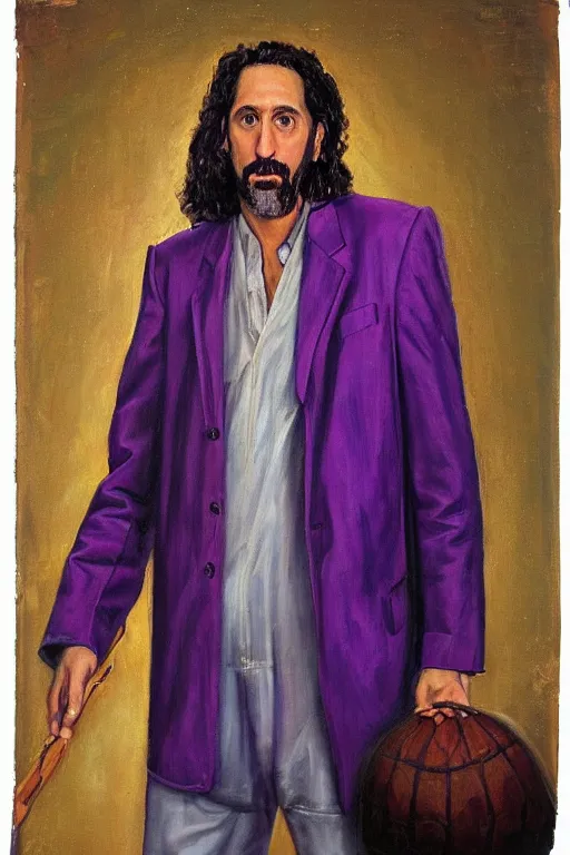 Image similar to Isaak Brodsky portrait painting of John Turturro as the Jesus from The big Lebowski, wearing purple felt bowling suit, realism