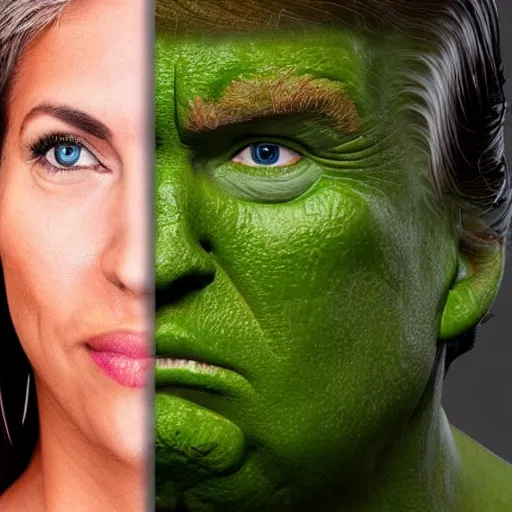 Image similar to uhd, high resolution photography of woman, genetic combination of hulk hogan and donald trump face and upper body, body focus