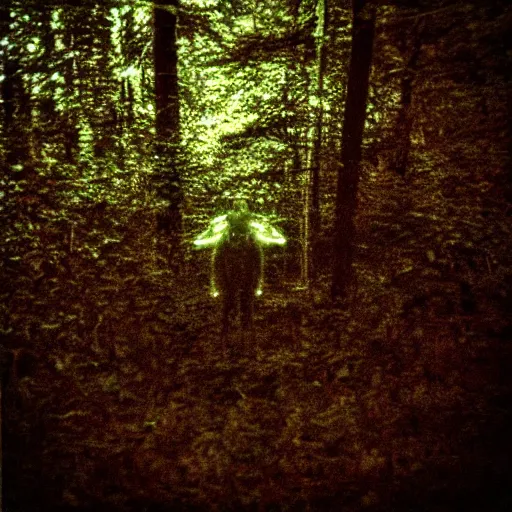 Image similar to grainy trail cam photo still of an alien in the woods at night hiding in the trees of a forest