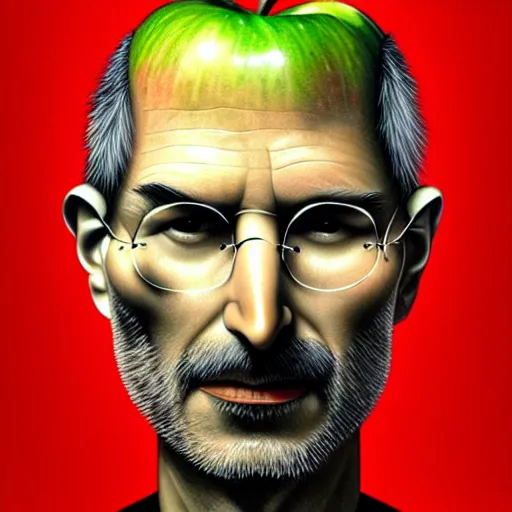 Image similar to apples, apples arranged in the shape of a face resembling steve jobs, fantasy, intricate, elegant, highly detailed, lifelike, photorealistic, digital painting, artstation, illustration, smooth, sharp focus, art by giuseppe arcimboldo