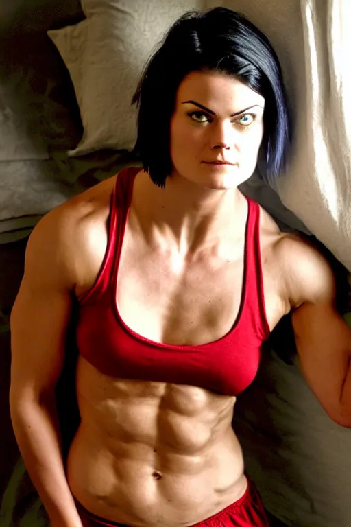 Image similar to realistic photograph. warrior woman, 2 7, in her bedclothes. tight white tanktop shows strong feminine figure. loose comfortable red pajama pants. jaimie alexander. short hair, straight, ravenblack. faircomplected but tan. tall gracile, but thick ripped jacked vascular buff muscular arms and large ample female bust.