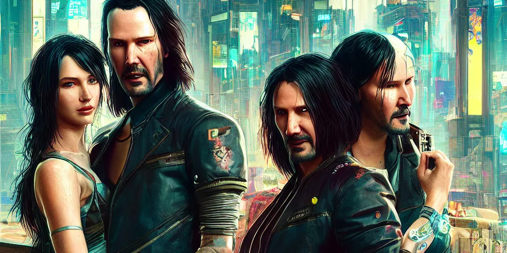 Prompt: a cyberpunk 2077 srcreenshot couple portrait of Keanu Reeves and a female android in final kiss,love,film lighting,by Lawrence Alma-Tadema,Andrei Riabovitchev,Laurie Greasley,Dan Mumford,John Wick,Speed,Replicas,artstation,deviantart,FAN ART,full of color,Digital painting,face enhance,highly detailed,8K,octane,golden ratio,cinematic lighting