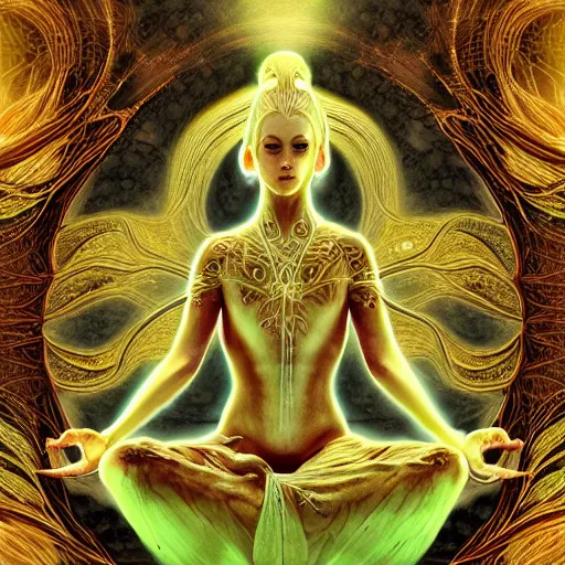 Prompt: glowing cracks, elven princess, meditating, peaceful, levitating, powerful, blossoming, lotus pose, zen, glowing, fractal background, ascending, detailed, realistic, digital art, fantasy, trending on artstation, cinematic, movie clip, visionary art, intricate pattern, subtle pattern, detailed texture, fractal texture, flowing, engraved texture, sacred geometry pattern, symmetry, perfect, perfect face, facial beauty, pretty, attractive, by peter morhbacher, dmt temple, godlike, pearlescent, matte painting, highly detailed painting, light, light being, feathered, smooth, radial color dispersion, color dispersion, portal, black hole, realms, surreal, surrealist, water, underwater, shiva, indian goddess