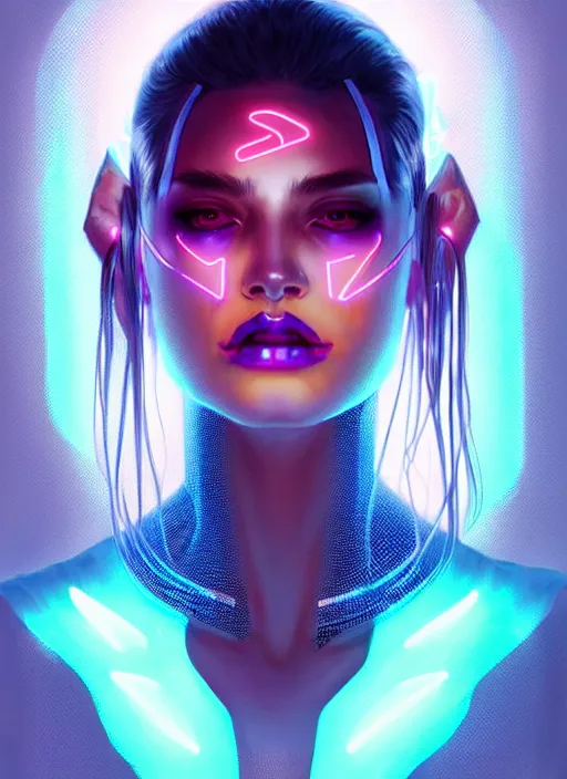 Prompt: portrait of female humanoid in wearable art fashion, intricate, elegant, cyber neon lights, highly detailed, digital photography, artstation, glamor pose, concept art, smooth, sharp focus, art by artgerm and greg rutkowski