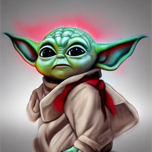 Prompt: Concept art of Baby Yoda holding a red lightsaber