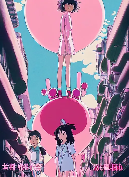 Image similar to a movie poster for a studio Ghibli film based on the song Yoshimi battles the pink robots, part 1. by the band the flaming lips; artwork by Hiyao Miyazaki and studio Ghibli; a Japanese girl is about to fight a gigantic Pink Robot in an alley in Tokyo