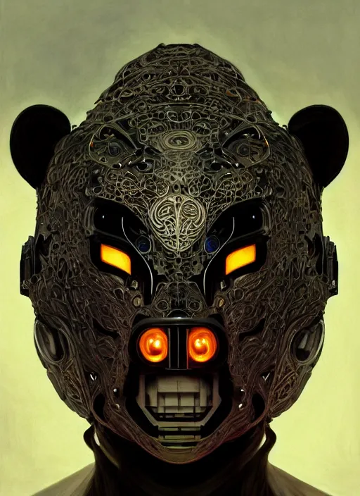 Image similar to organic cyborg, asian black bear mask opening, diffuse lighting, fantasy, intricate, elegant, highly detailed, lifelike, photorealistic, digital painting, artstation, illustration, concept art, smooth, sharp focus, Bright colours, art by John Collier and Albert Aublet and Krenz Cushart and Artem Demura and Alphonse Mucha