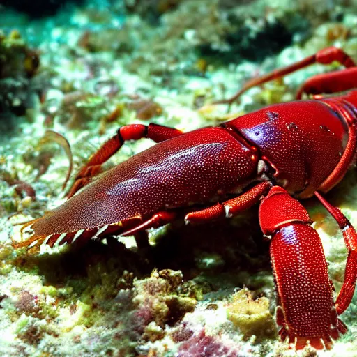 Prompt: invertebrate crustacean lobster, generally reddish in color with some yellow or brown stripes. giant, detailed, realistic