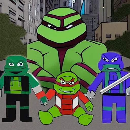 Image similar to teenage mutant ninja turtles as minecraft characters fighting shredder in the streets of new york