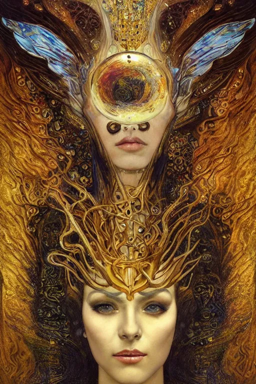 Image similar to Intermittent Chance of Chaos Muse by Karol Bak, Jean Deville, Gustav Klimt, and Vincent Van Gogh, beautiful Surreality portrait, enigma, Loki's Pet Project, destiny, Poe's Angel, fate, inspiration, muse, otherworldly, fractal structures, arcane, ornate gilded medieval icon, third eye, spirals