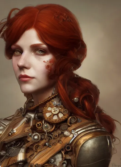 Prompt: steampunk portrait of a redhead female, hyper detailed, digital art, cinematic lighting, studio quality, smooth render, unreal engine 5, octane rendered, art style by klimt and nixeu and ian sprigger and wlop and krenz cushart.