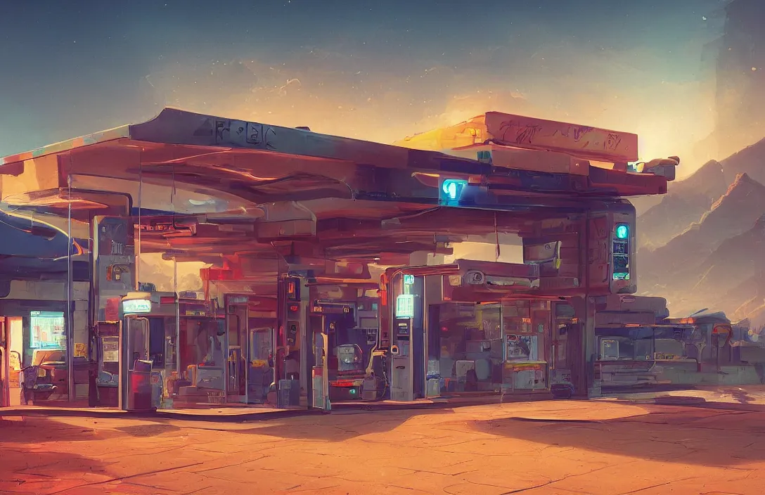 Prompt: raphael lacoste, bastien grivet, ross tran, a retro gas station in the dessert, retrowave, neon colors night, intricate details in environment, meeting point, luminance, golden ratio, high aestehtic, cinematic light, dramatic light, godrays, distance, clear atmosphere, photobash, wideangle, bierstadt,