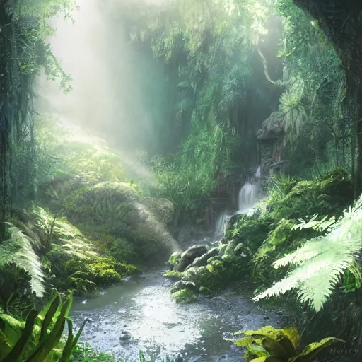 Image similar to an hidden waterfall, beautiful, atmosphere, vibe, mist, foam, puddles, fern, flowers, concept art illustration, color page, tone mapping, akihiko yoshida, james jean, andrei riabovitchev, marc simonetti, digital illustration, greg rutowski, volumetric lighting, sunbeams, particles