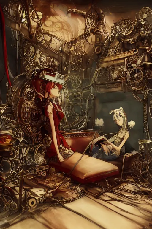 Image similar to anime style movie illustration, old sick gold and crimsoned scaled asian dragon on a steam punk couch with wires and gears and steam punk apparatus, artstation, matte painting, style of studio ghibli, featured in artstation and artgerm and pixiv, award winning, cinematic, elegant, intricate, 8 k