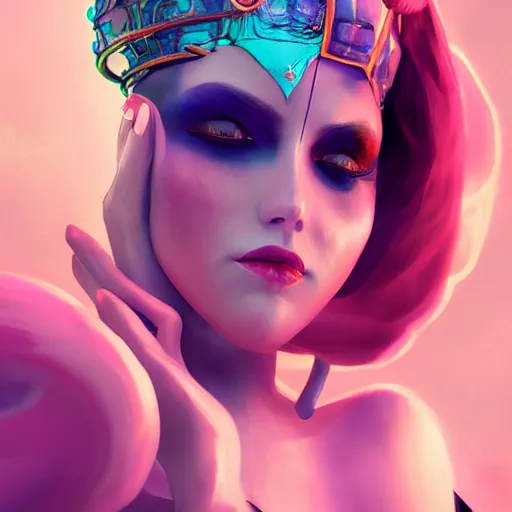 Image similar to beautiful futuristic goddess of jesters wearing a costume head piece and makeup, 8k resolution digital painting, cool cinematic lighting, DeviantArt Artstation, by Jason Felix and Ross Tran and Alessio Albi and Marta Syrko and WLOP