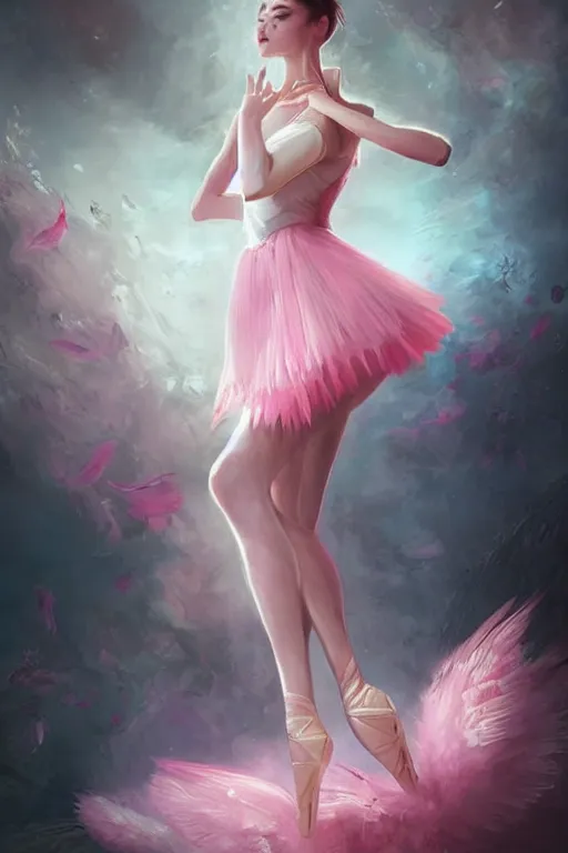 Prompt: pink swan dress, beautiful girl in ballet pose, fantasy, han so - hee, lipstick, eyeliner, friendly, pure, perfect face, blue eyes, highly detailed, masterpiece, artstation, art by emika lightweaver and antoine collignon and akihiko yoshida
