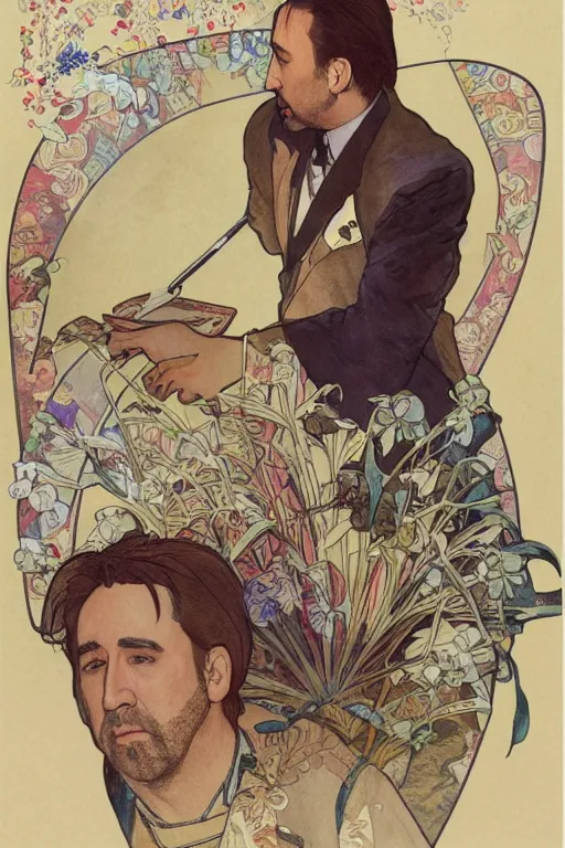 Image similar to watercolor illustration of nicolas cage playing poker in korea, by alphonse mucha, highly detailed, digital illustration, trending in artstation, modern painting, smooth, sharp focus, intricate