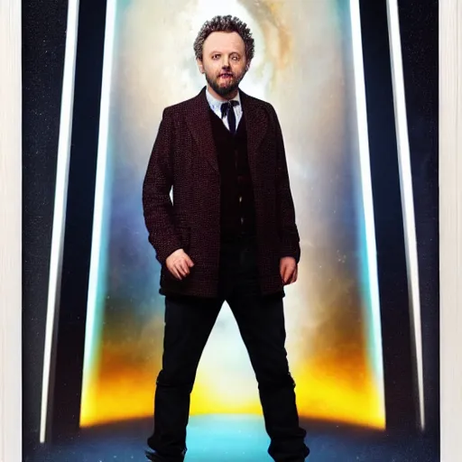 Image similar to a full body photograph of michael sheen as'doctor who ', time vortex in the background, detailed face, symmetrical face, extreme realism and detail, 8 k, completely framed, direct lighting, 3 5 mm photo, photorealistic, sharp focus