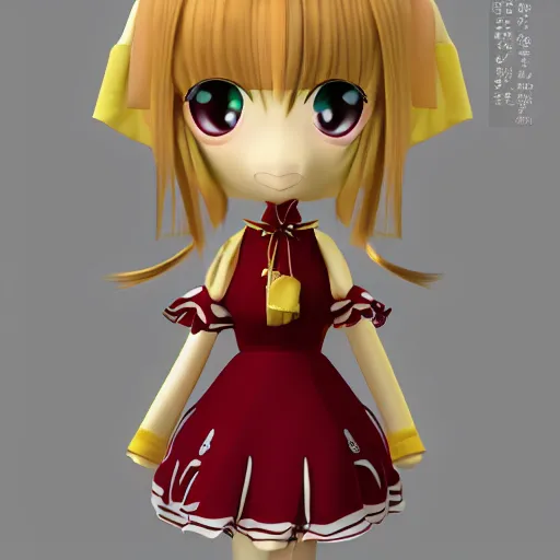 Image similar to cute fumo plush of a girl in a green and gold and wine red shiny dress, lens flare, anime girl, vray