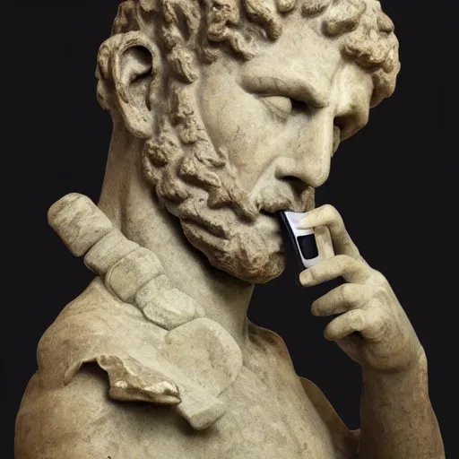 Image similar to An ancient roman sculpure of a man holding a phone, realistic, ultra high detail, 8k.