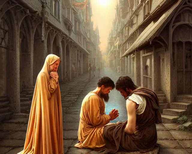 Image similar to realistic matte painting of a poor hungry couple praying to a cross and crying, emotional sad painting, very poor, hungry, love eachother, medieval peasants, fantasy, cruel, dramatic lighting, intricate, wild, highly detailed, digital painting, artstation, concept art, smooth, sharp focus, illustration, art by artgerm and greg rutkowski and alphonse mucha