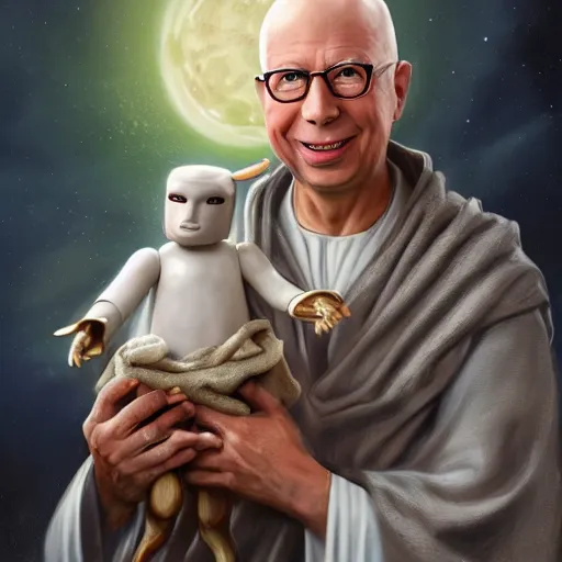 Image similar to a detailed fantasy character painting of Klaus Schwab holding an Android robot lamb dressed like Jesus Christ, by lauri blank, artgerm, evelyn de morgan, 8K, 50mm lens