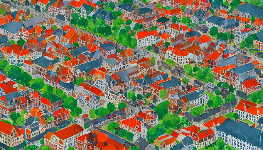 Prompt: dutch townscape, top - down isometric view, painting