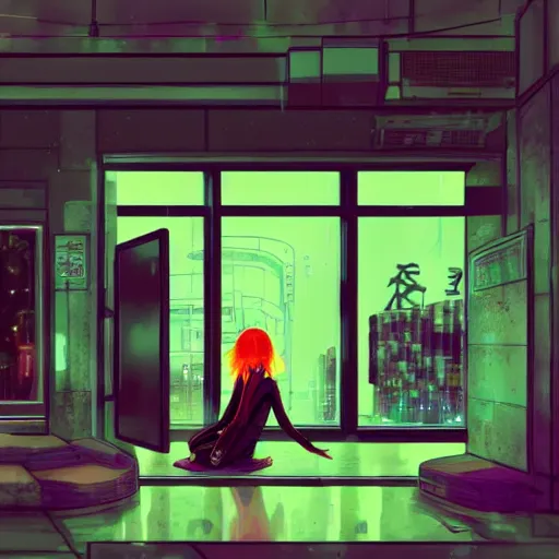 Image similar to cyberpunk girl sitting inside an empty store being looked at through the window in the style of satoshi kon, soft anime illustration, dark neon colors, soft ambience, beautiful composition, backlit, lots of details