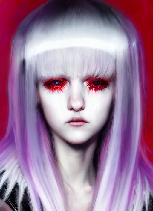 Image similar to hair whitebangs hair, black cyberlox, portrait of normal teenage girl, white bangs, messy bangs, fluffy bangs, cyberlox, whitebangs, red contact lenses, purple background, intricate, elegant, highly detailed, digital painting, artstation, concept art, sharp focus, smooth, illustration, art by wlop, mars ravelo and greg rutkowski