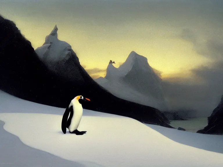 Prompt: an oil painting of a penguin playing in pure white snow on a misty glacier at dusk. aurora. by tuomas korpi moebius and carl spitzweg. baroque elements. intricate artwork by caravaggio. oil painting. oil on canvas. award winning. dramatic. trending on artstation. 8 k