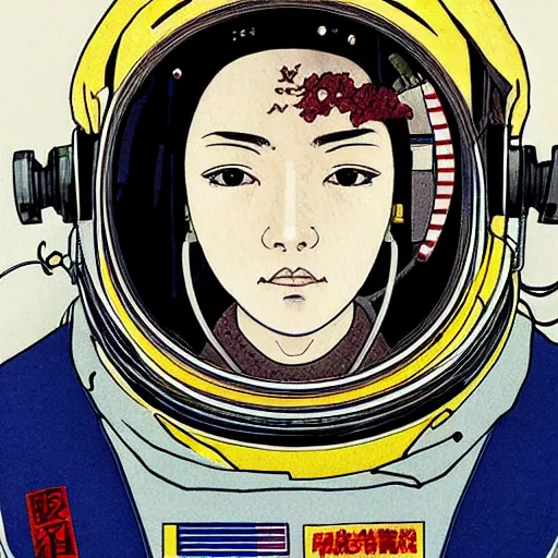 Image similar to portrait of female astronaut painted in miyazaki color style drawn by katsuhiro otomo and takato yamamoto, high detail, intricate linework, sharp, smooth face, china doll face, high detail, manga and anime