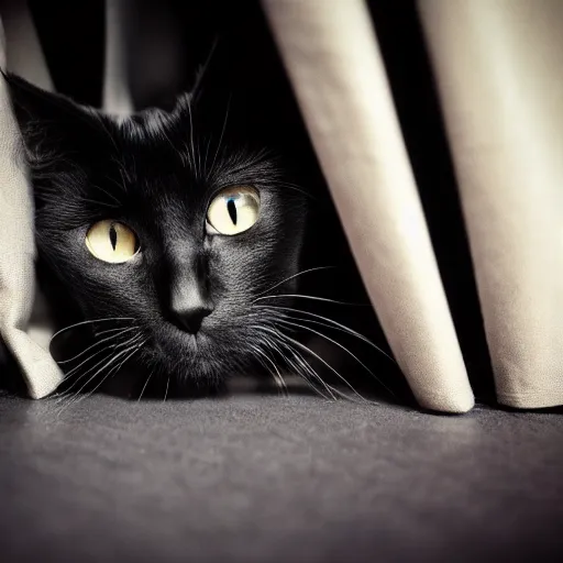 Image similar to a black cat lying behind the curtain, photo