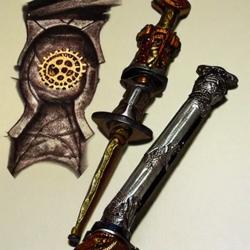 Prompt: art of a flaming sword, hilt steampunk style, high detailed