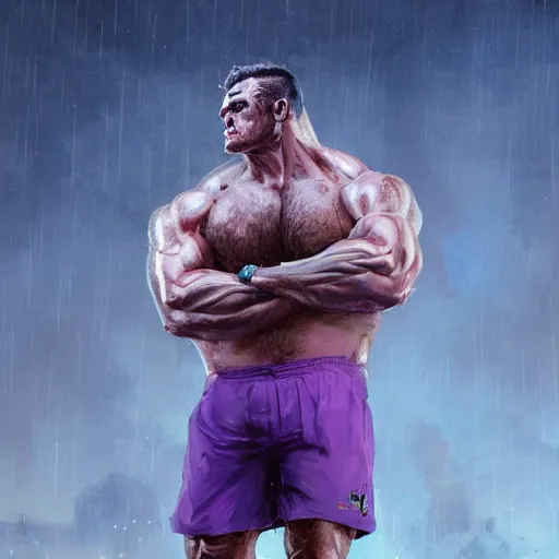 Prompt: diamond man, highly detailed, tall, very mad face, fat, serious, purple shorts, lazy, insanely muscular, ripped, shredded, beast, rain background, digital art, pixiv fanbox, artstation, by greg rutkowski, wlop