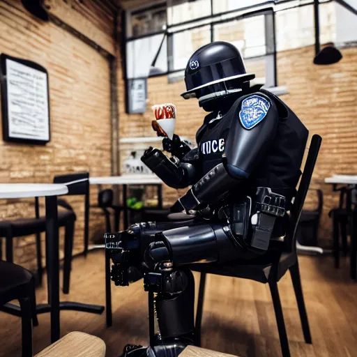 Prompt: a robotic police officer drinking tea in a coffee shop sitting down relaxed, professional photography