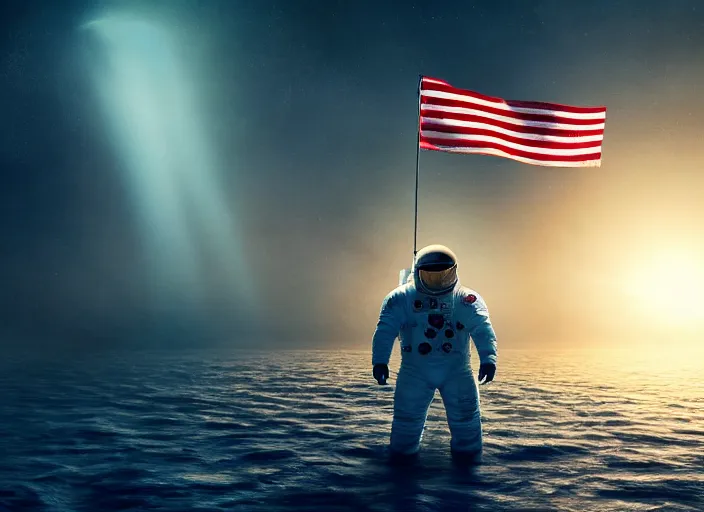 Image similar to astronaut holding a flag in an underwater desert. a submarine is visible in the distance. dark, concept art, cinematic, dramatic, atmospheric, 8 k, trending on artstation, blue, fish, low visibility, light rays, extremely coherent, bubbles, fog, ocean floor, christopher nolan, interstellar